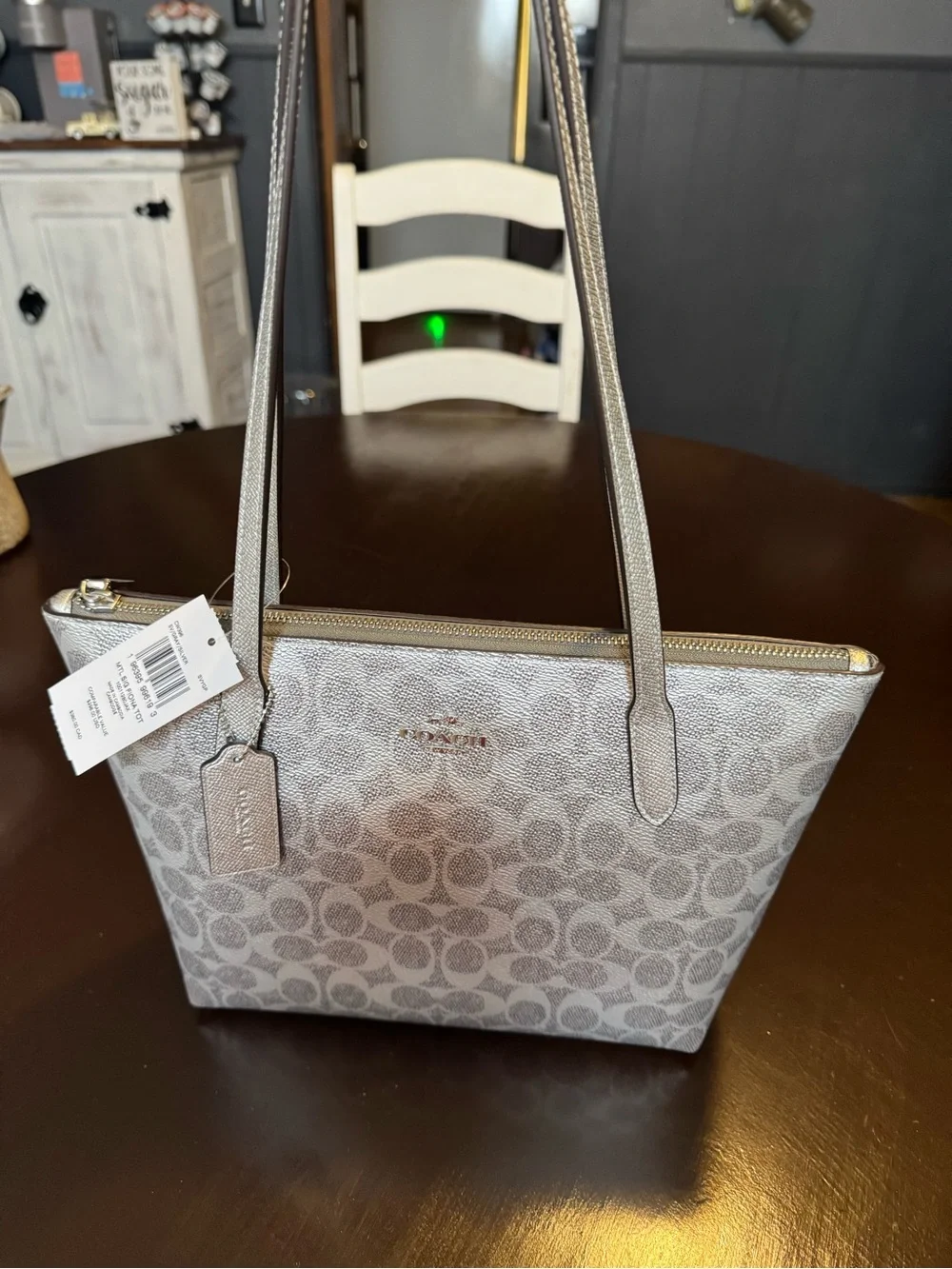 Coach Signature Metallic Silver Tote